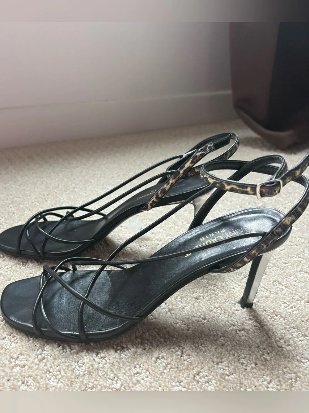 Saint Laurent Black Strappy Heeled Sandals with Leopard Accent Size 39